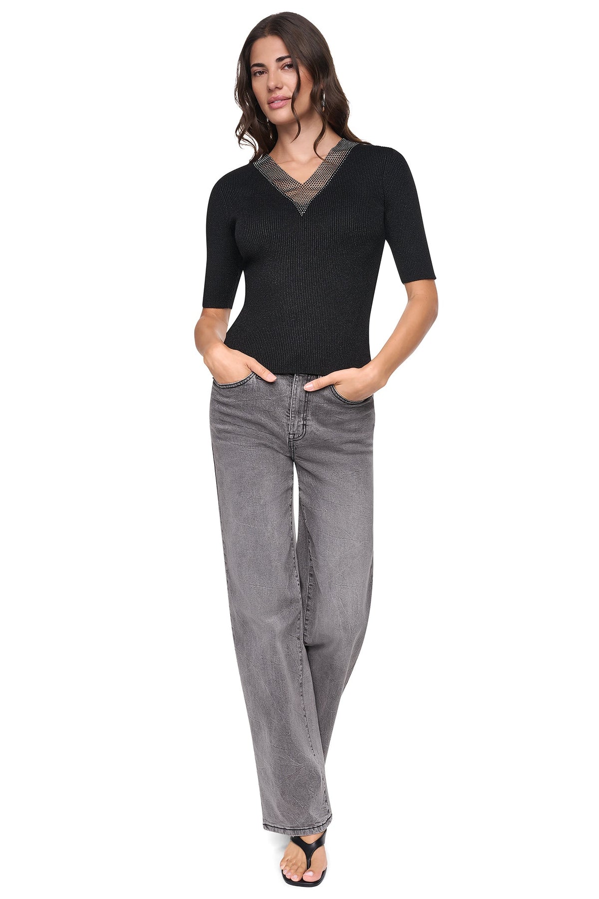 EMBELLISHED METALLIC SWEATER - Asphalt Heather | DKNY