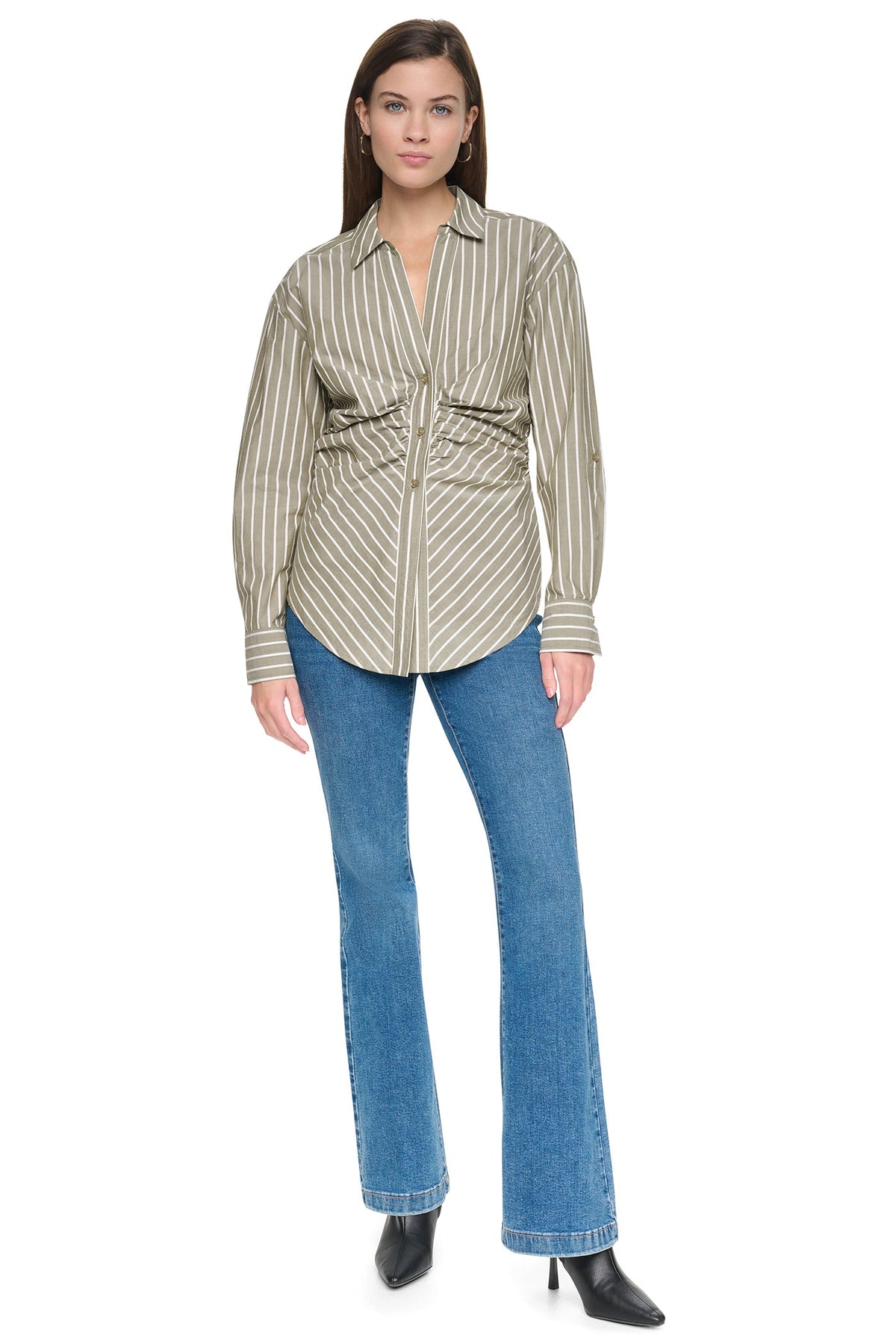 STRIPED RUCHED SHIRT - Utility Green | DKNY