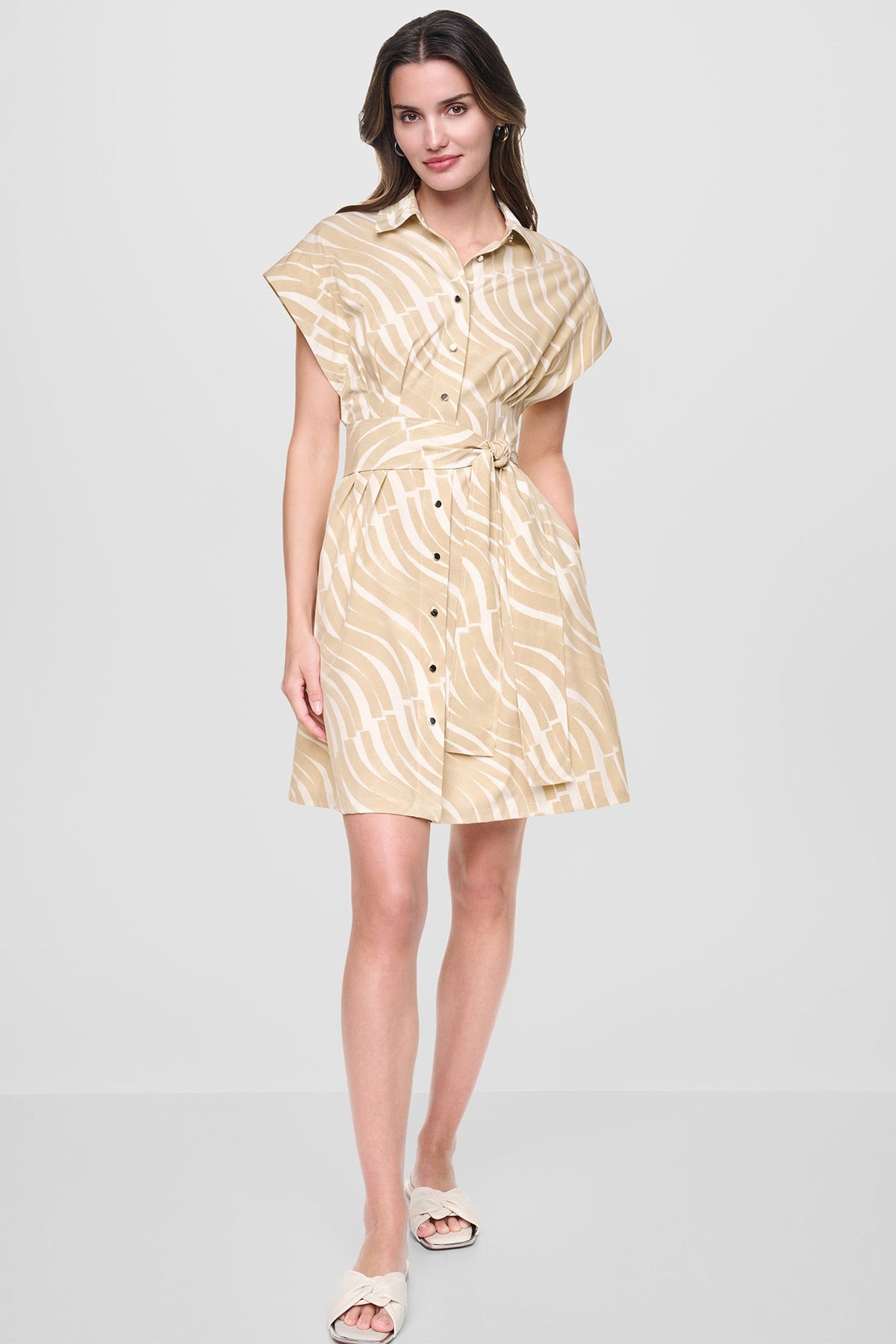 CAP SLEEVE MINI COMMUTER SHIRT DRESS - Khaki/Ivory | DKNY