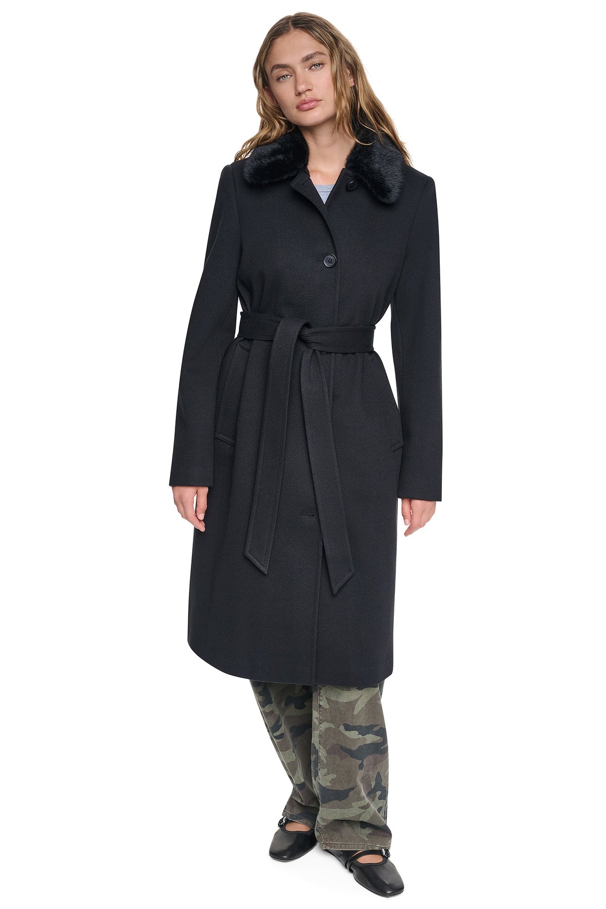 TWILL COAT WITH FUR COLLAR - Black | DKNY
