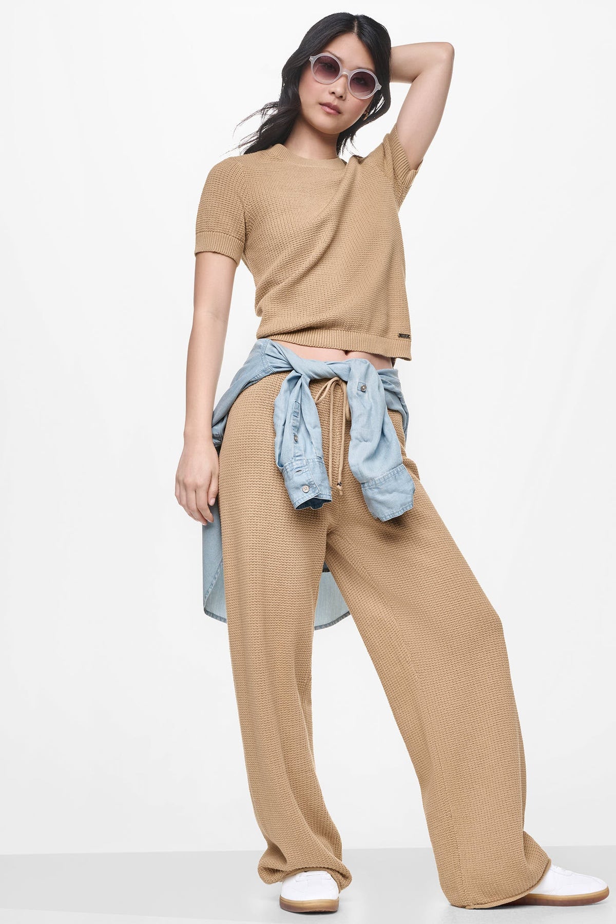 SHORT SLEEVE TUCK STITCH SWEATER - Travertine | DKNY
