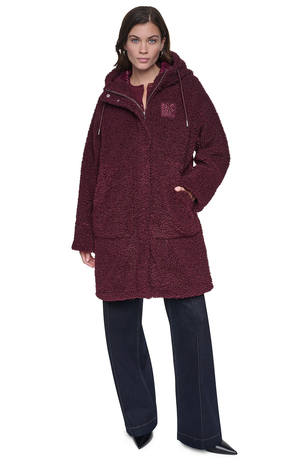 SHERPA MIXED MEDIA HOODED JACKET - Claret | DKNY