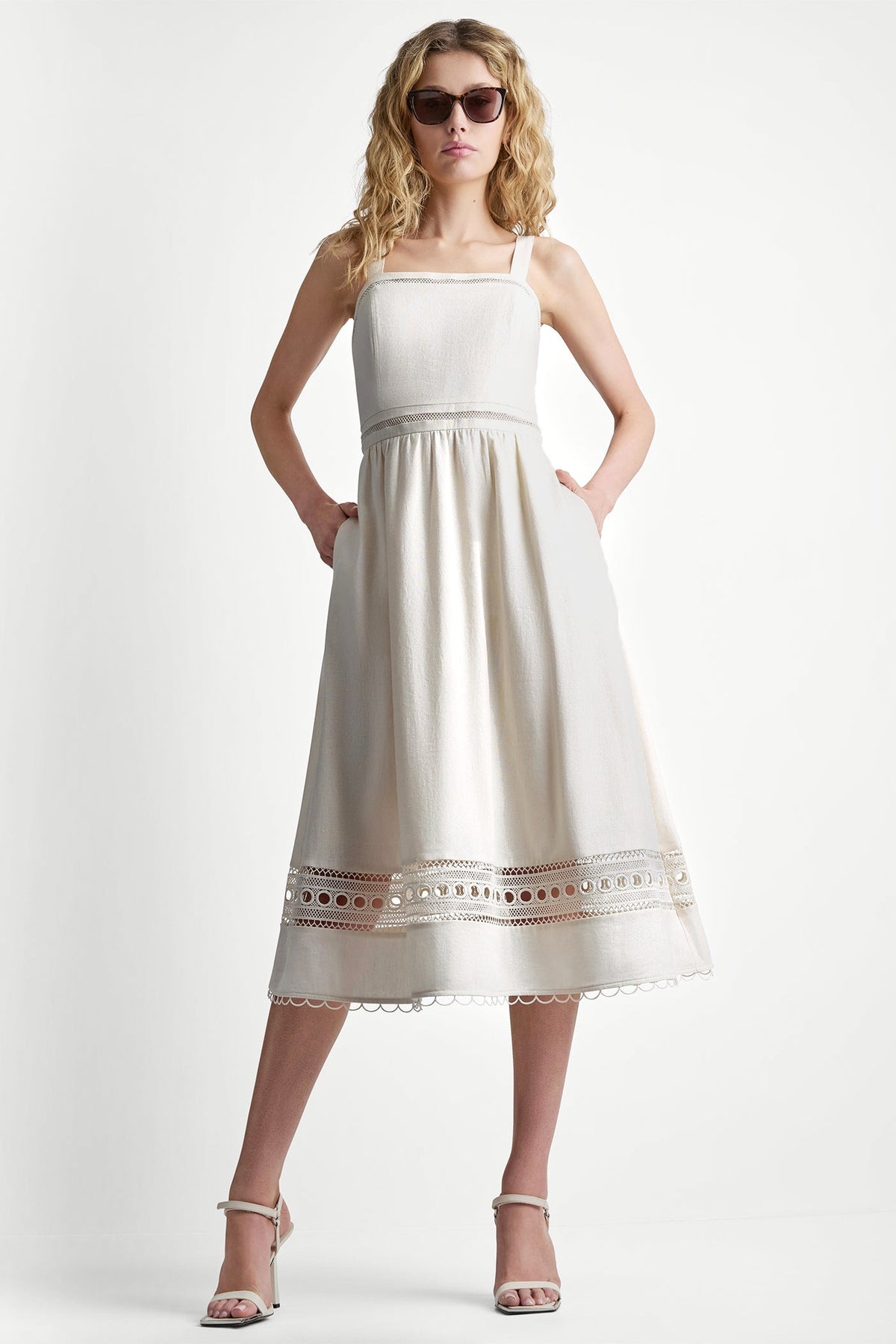 LINEN-BLEND LACE-TRIMMED MIDI DRESS - Coconut | DKNY