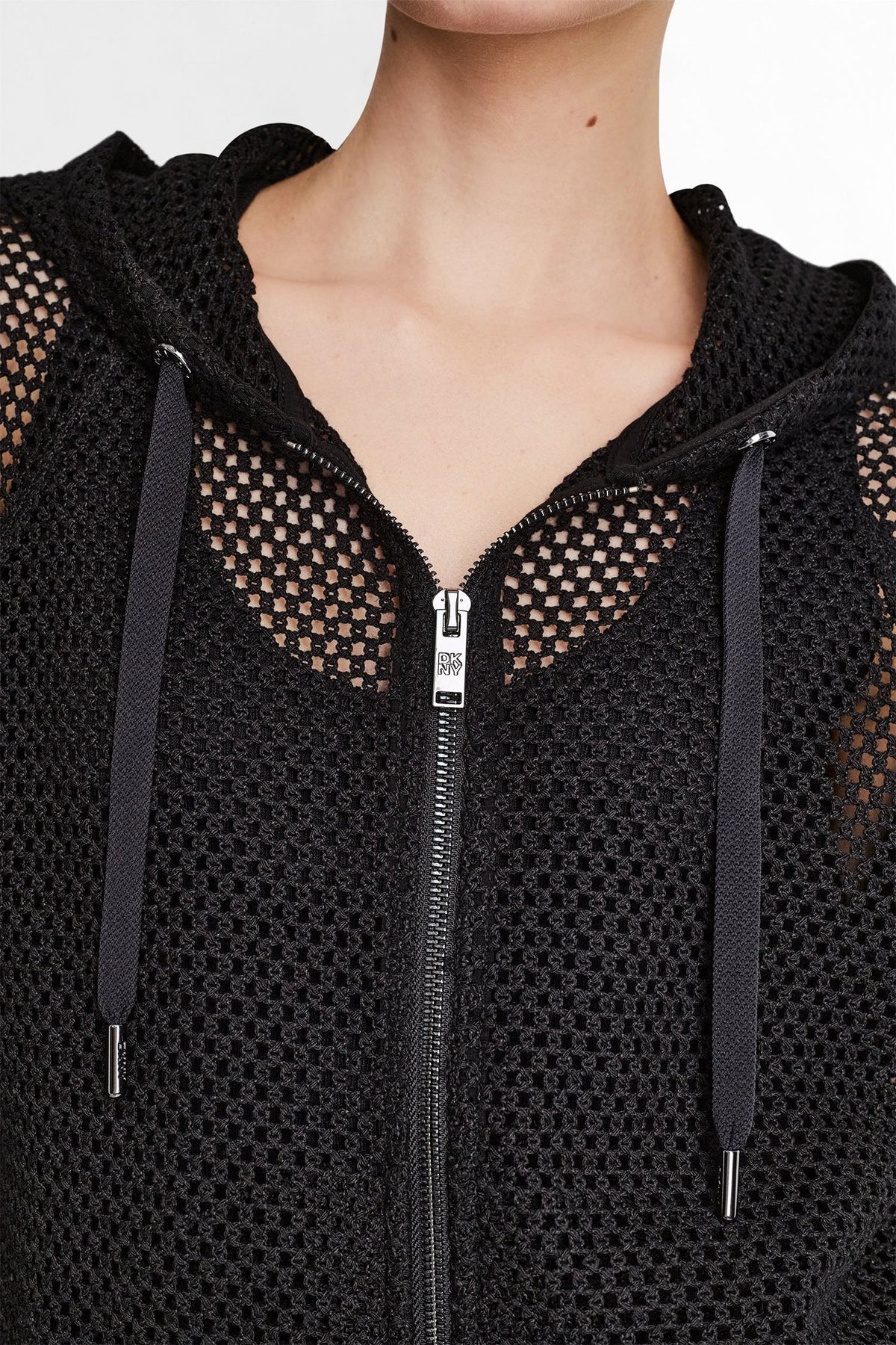 MESH LOGO ZIP-UP HOODIE - Black | DKNY
