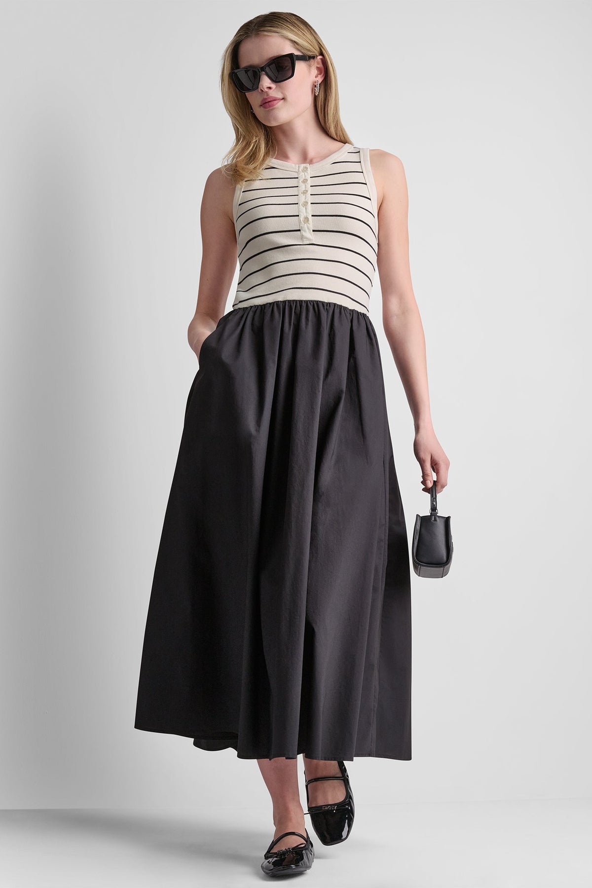 RIB HENLEY TANK MAXI DRESS - Hudson Striped Eggnog/Black | DKNY