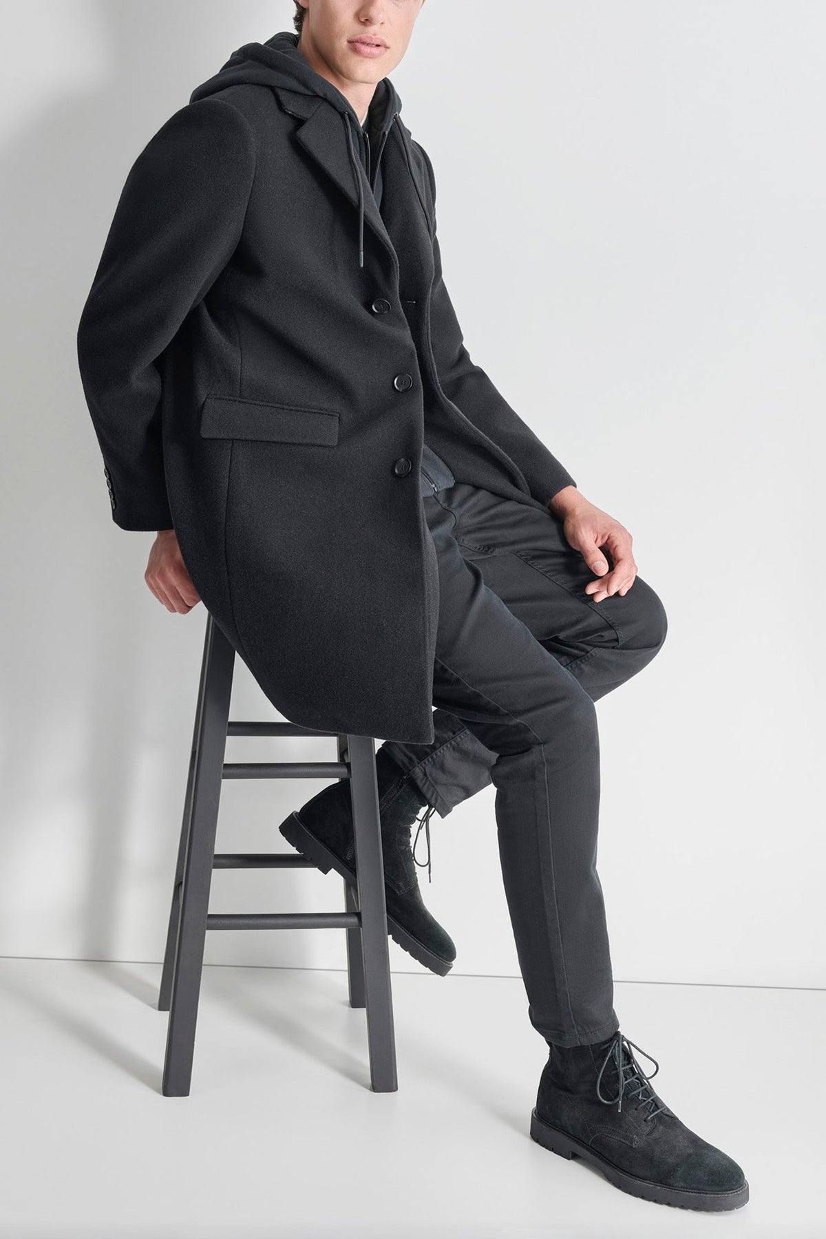 FAUX WOOL COAT WITH HOODED BIB - CHARCOAL | DKNY