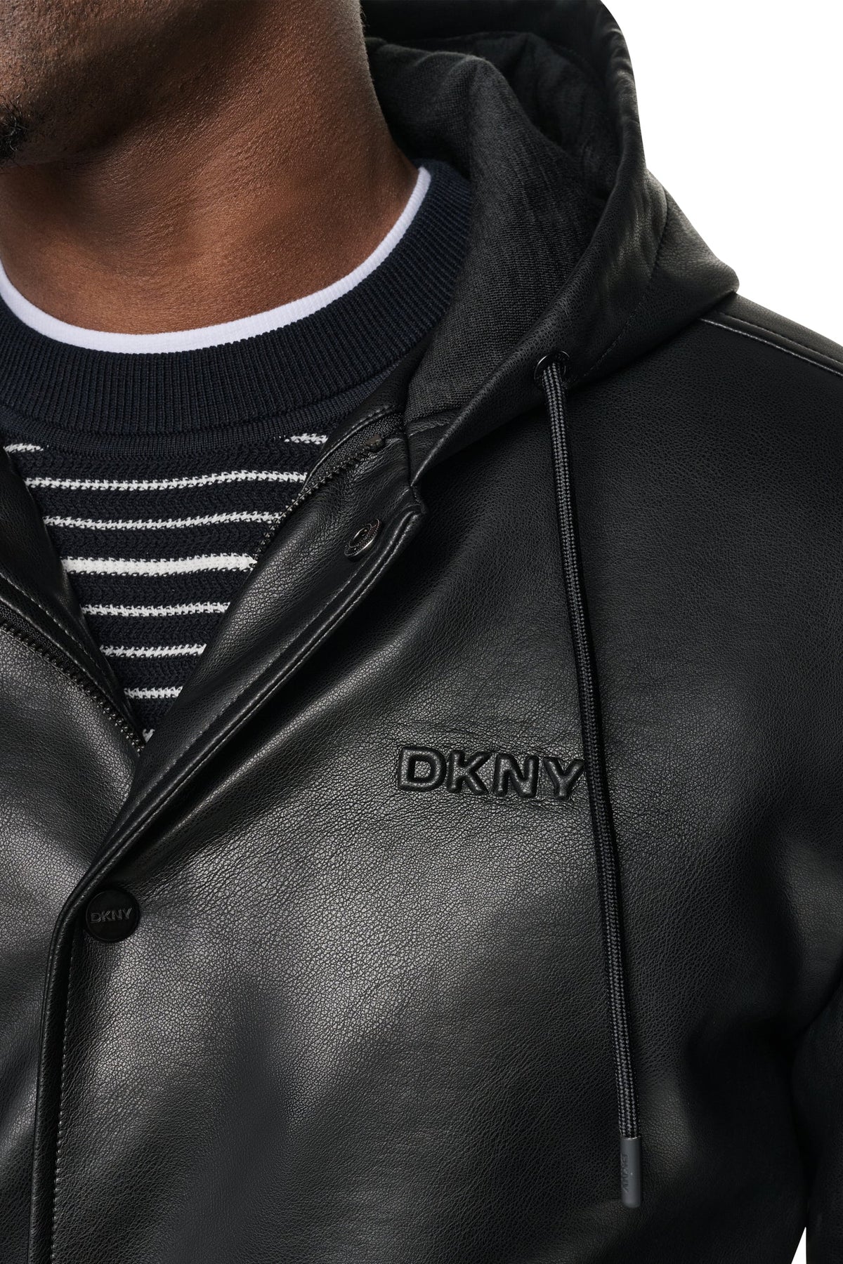 FAUX LEATHER HOODED BOMBER JACET - Black | DKNY