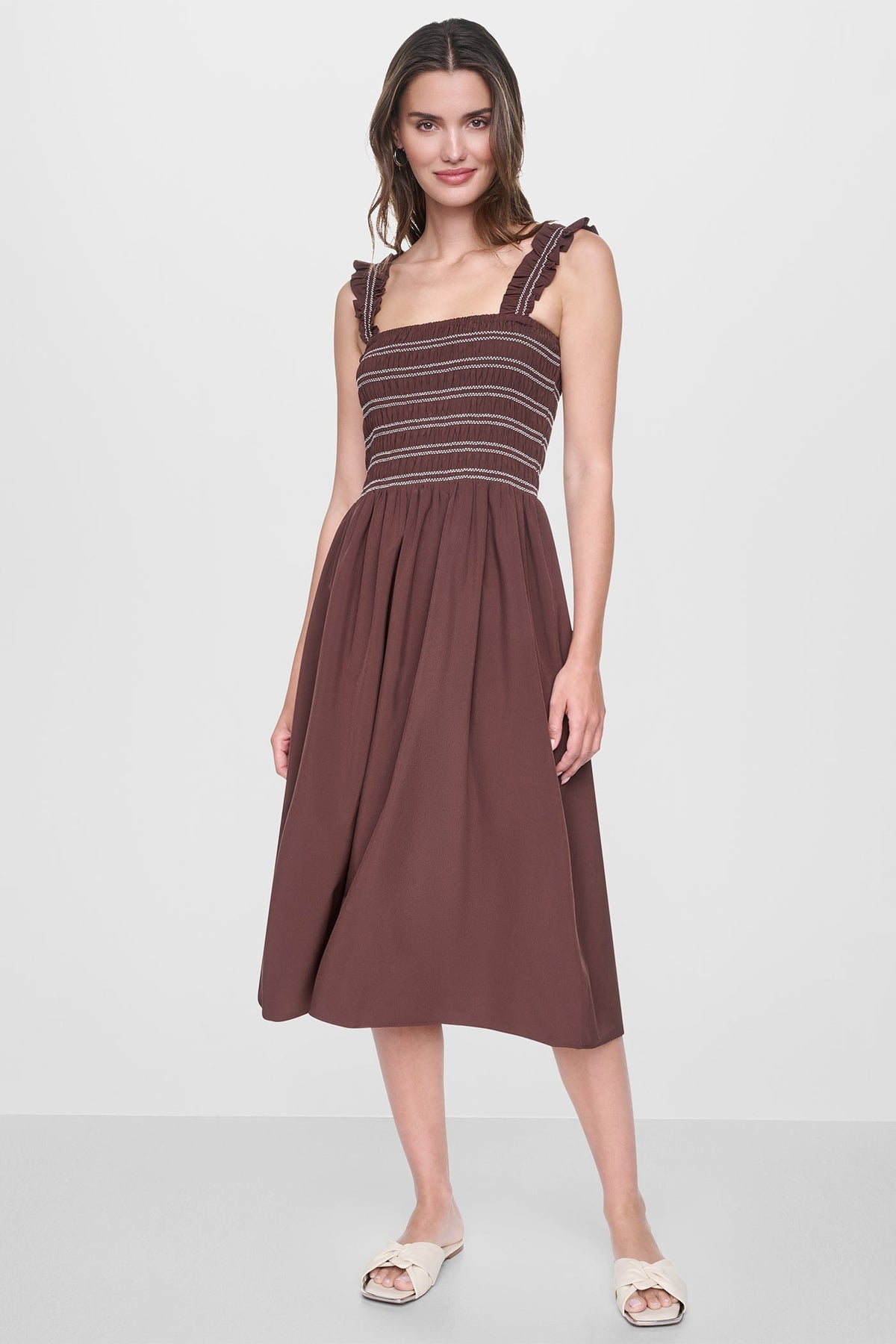 SLEEVELESS SMOCKED MIDI A-LINE DRESS - Java | DKNY