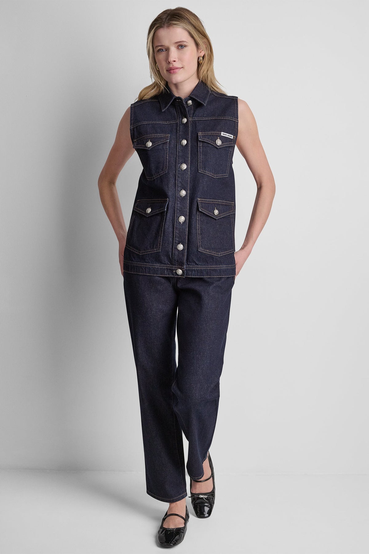 LONGLINE DENIM TRUCKER VEST - Fearless | DKNY