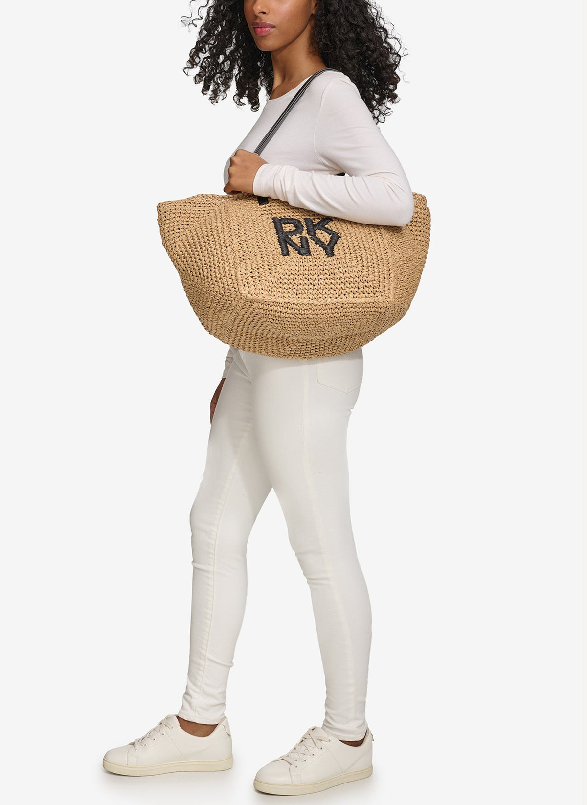 PALOMA CROCHET STRAW LOGO TOTE - Natural/Black | DKNY