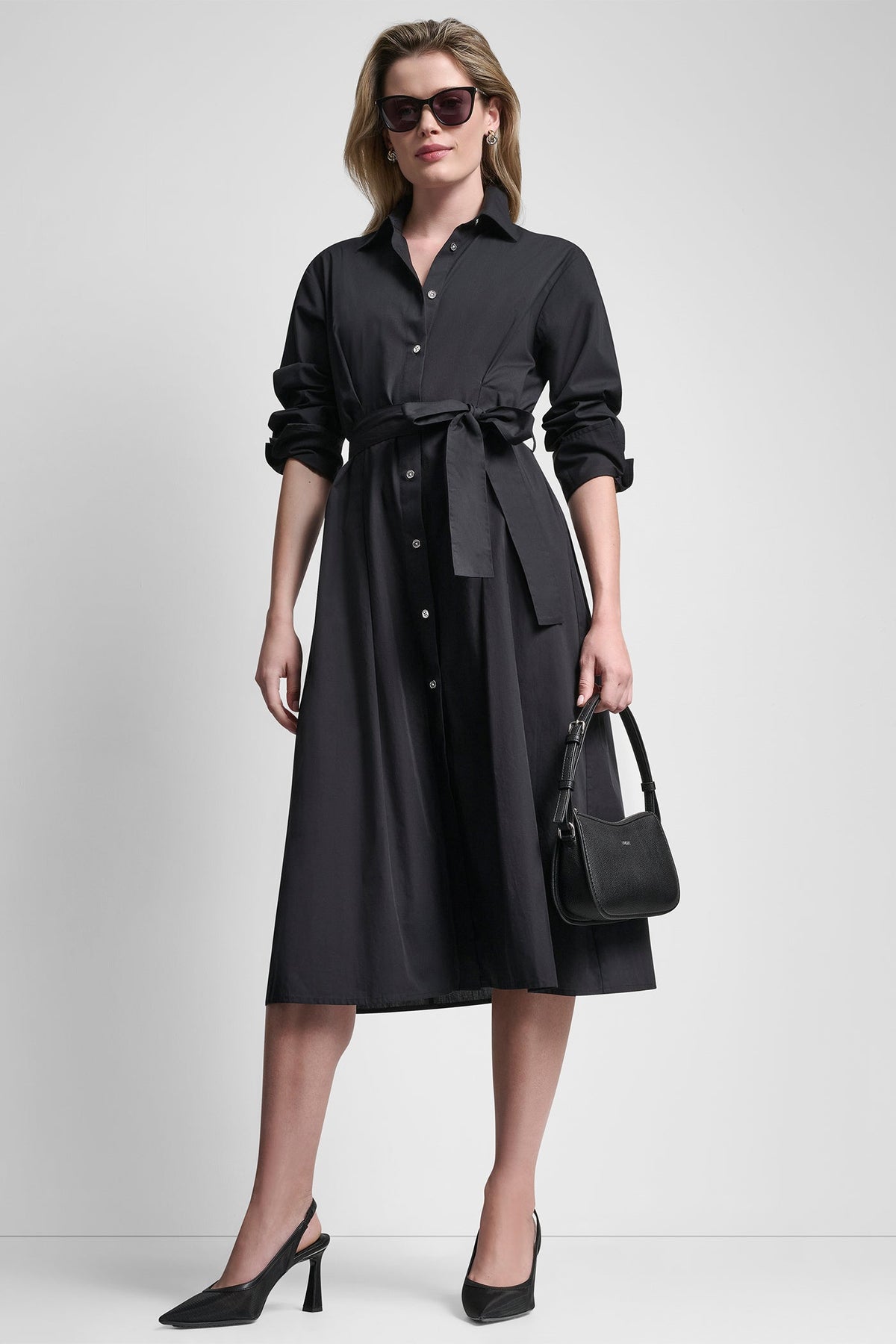 BUTTON DOWN MIDI SHIRT DRESS - Black | DKNY