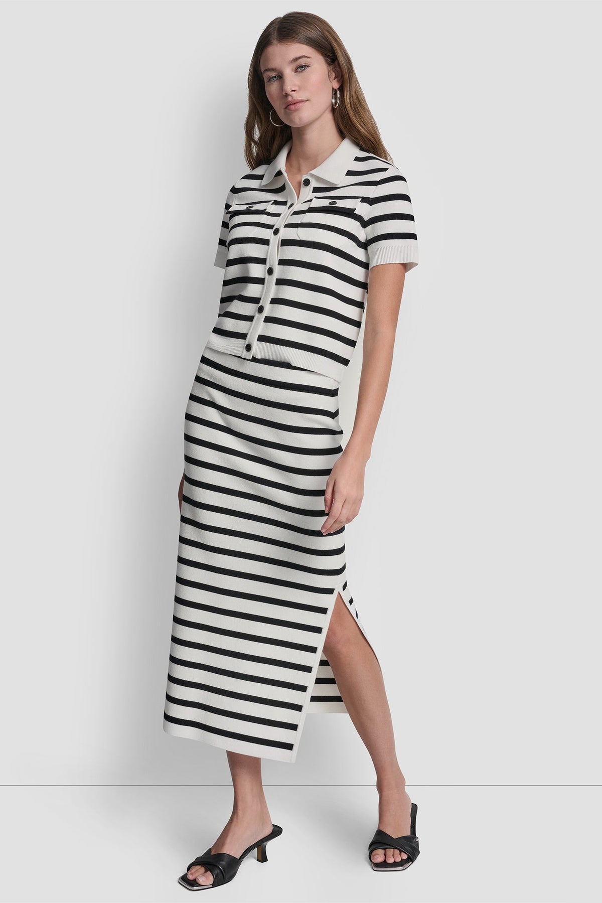 STRIPED MIDI SKIRT WITH SIDE SLIT - Ivory/Black | DKNY