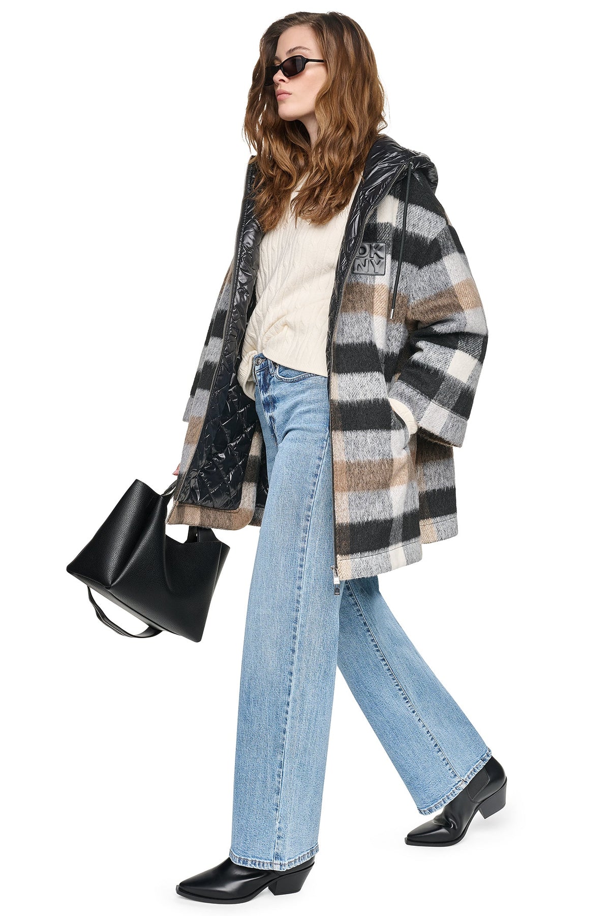 PLAID HOODED CAPE COAT - Plaid Black | DKNY