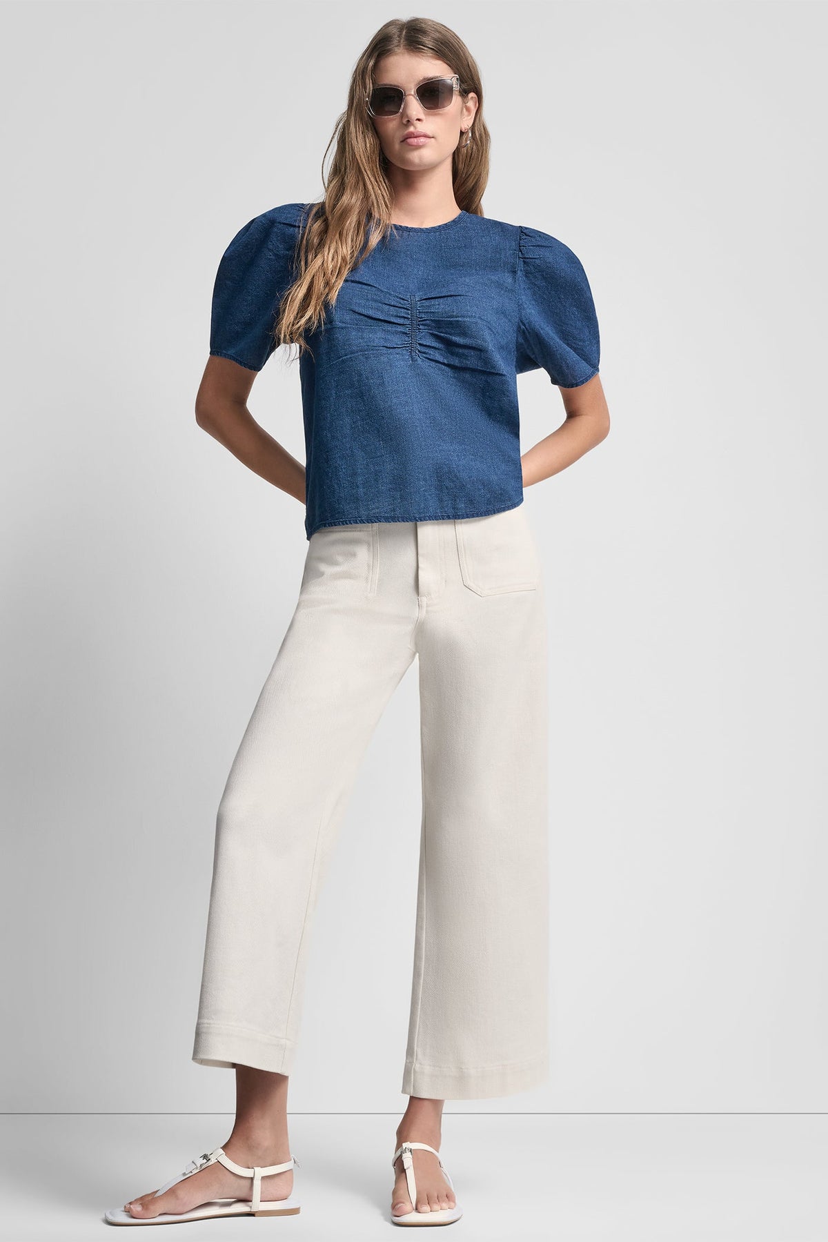 PUFF SLEEVE RUCHED FRONT SHIRT - Indigo | DKNY