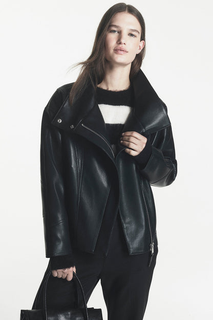 ASYMMETRIC FAUX LEATHER JACKET - Black | DKNY