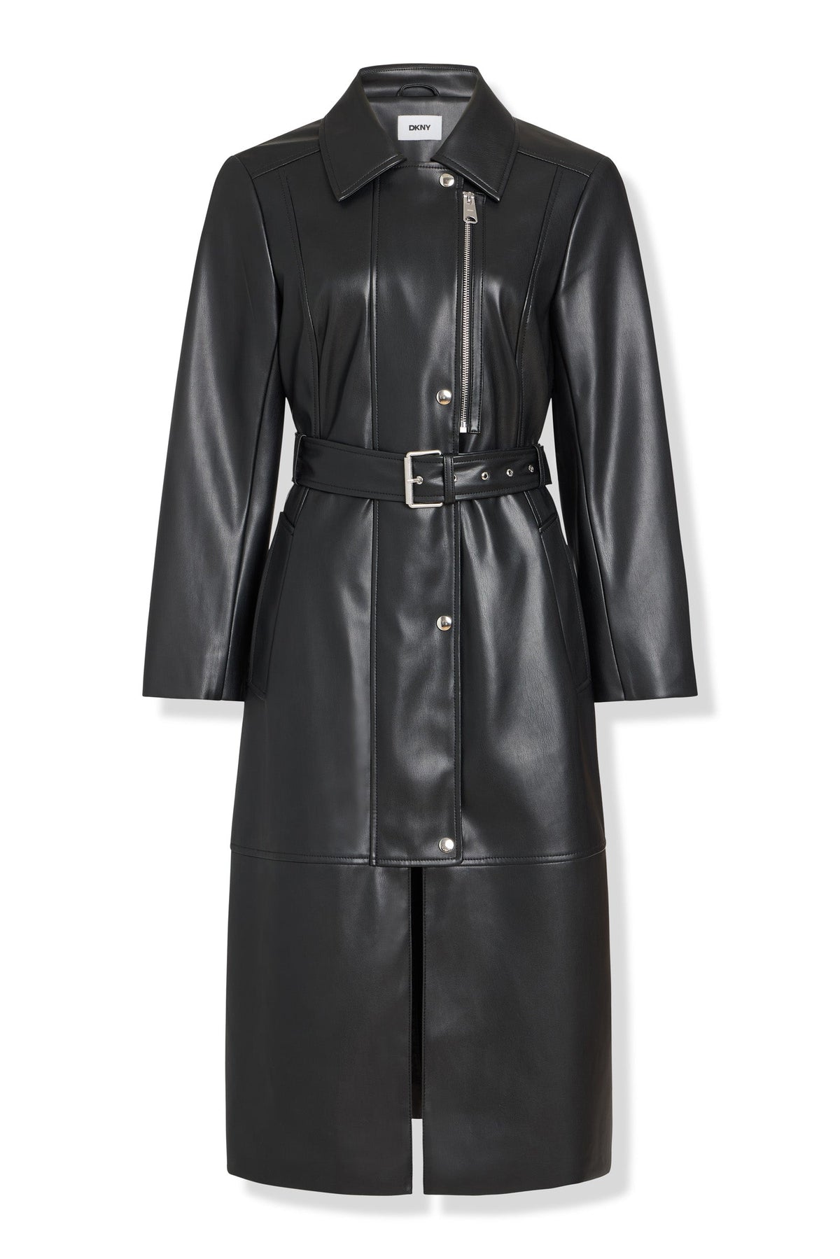 FAUX LEATHER BELTED TRENCH - Black | DKNY