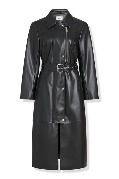 FAUX LEATHER BELTED TRENCH - Black | DKNY
