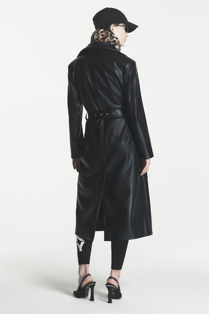 FAUX LEATHER BELTED TRENCH - Black | DKNY