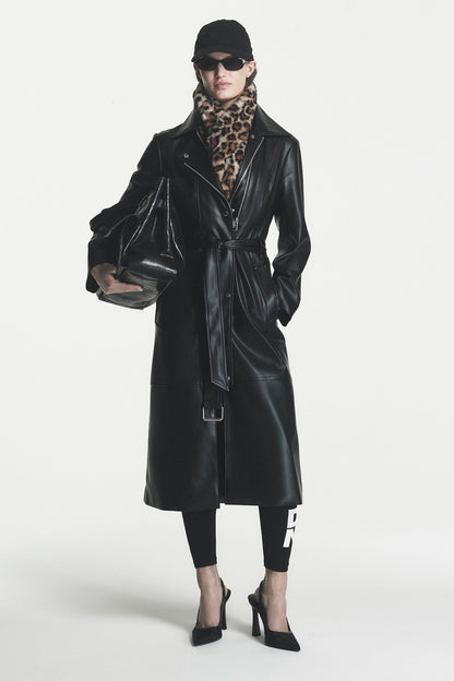 FAUX LEATHER BELTED TRENCH - Black | DKNY