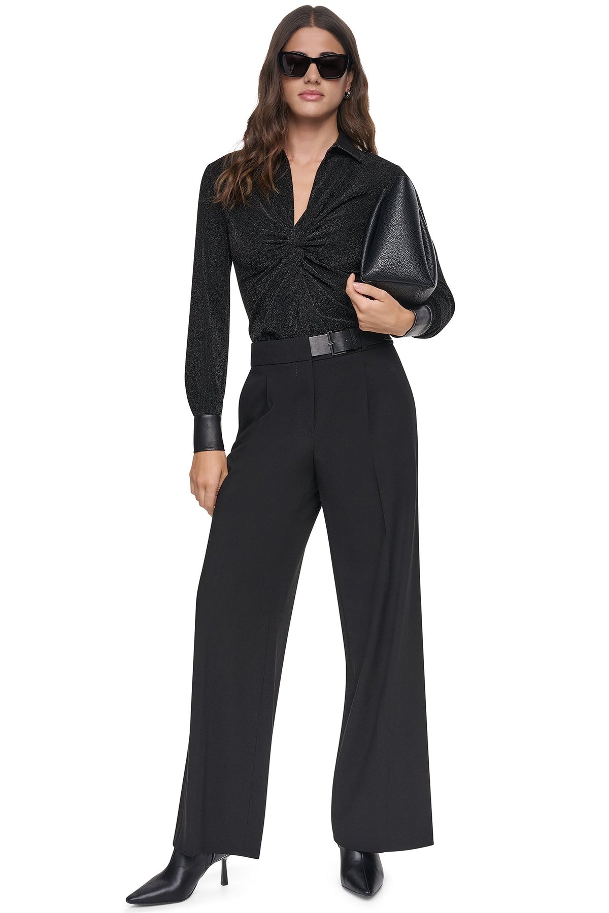BELTED WIDE LEG TROUSER - Black | DKNY