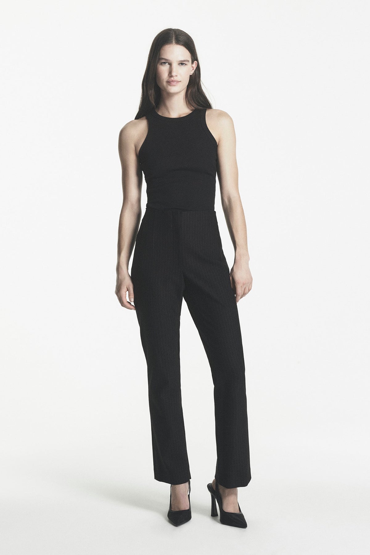 HIGH-RISE PINSTRIPE PANT - Black | DKNY