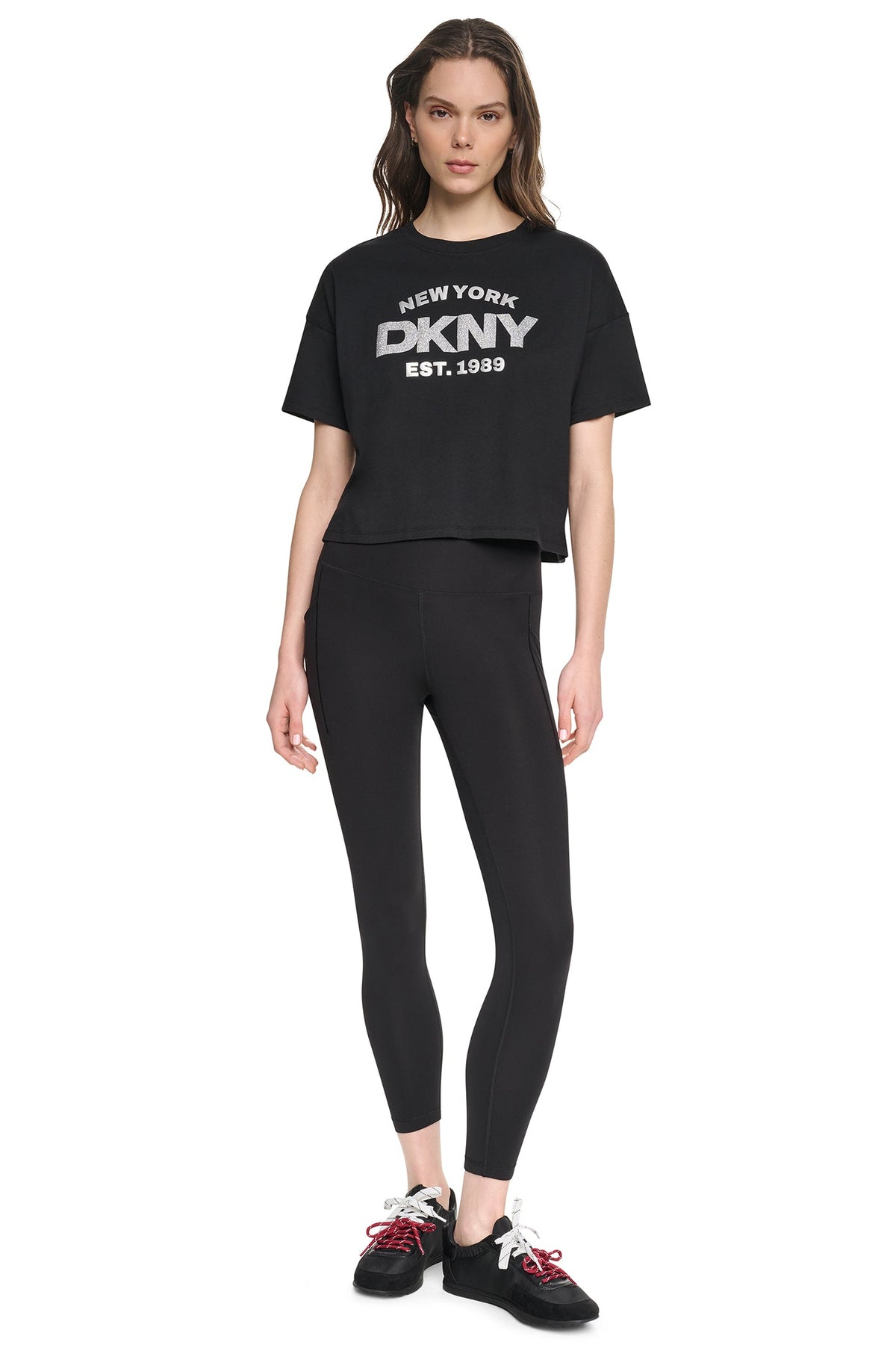 CROPPED METALLIC LOGO TEE - Peacoat/Silver | DKNY