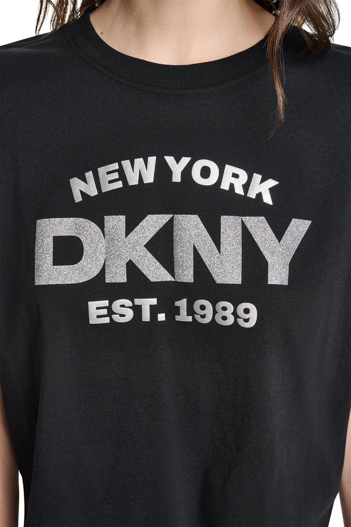 CROPPED METALLIC LOGO TEE - Peacoat/Silver | DKNY