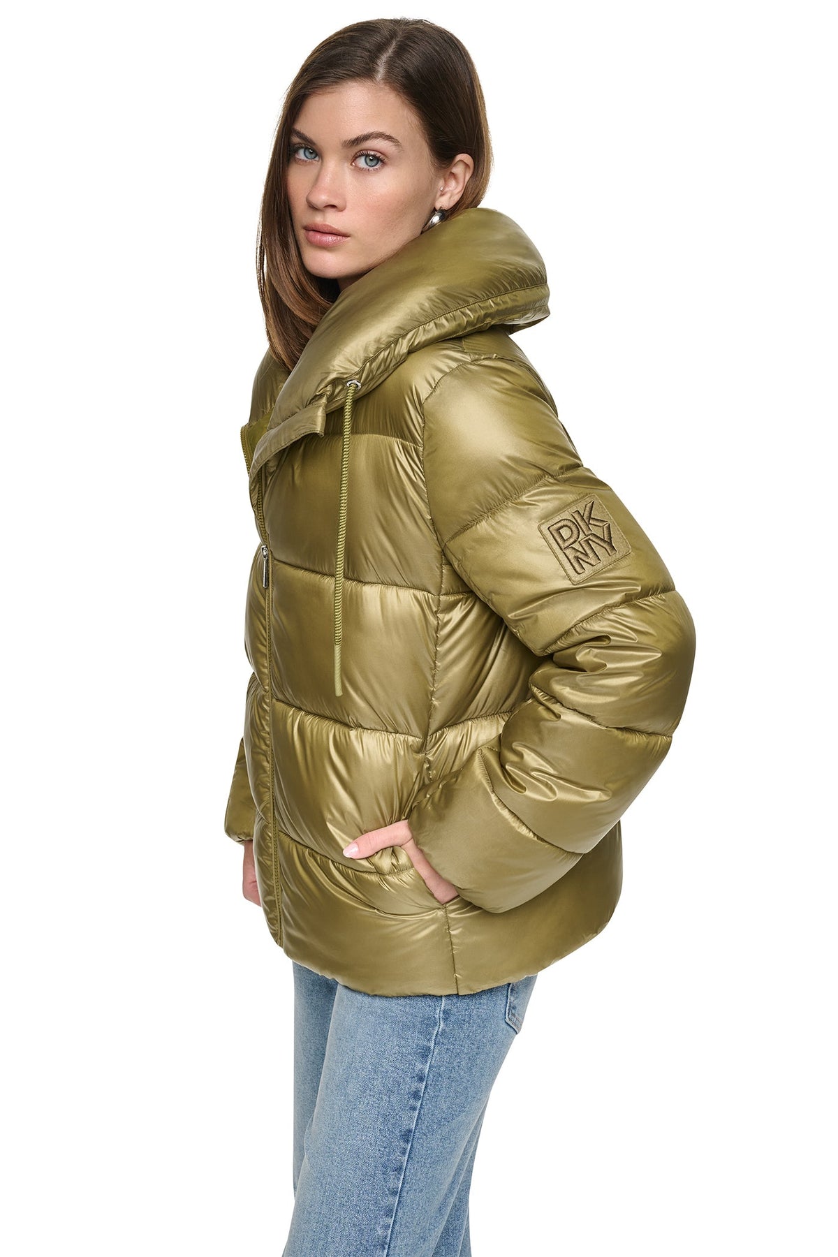 QUILTED PUFFER WITH DRAMA COLLAR - Metallic Chestnut | DKNY