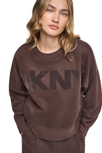 FLOCKED VARSITY LOGO SWEATSHIRT - Espresso/Espresso | DKNY