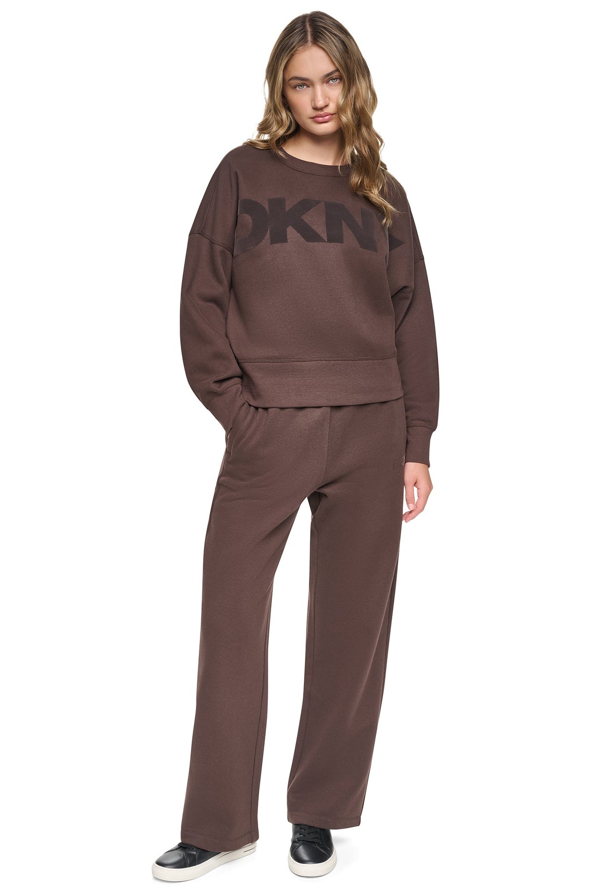 FLOCKED VARSITY LOGO SWEATSHIRT - Espresso/Espresso | DKNY