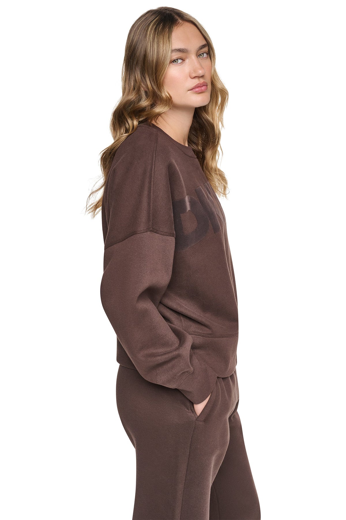 FLOCKED VARSITY LOGO SWEATSHIRT - Espresso/Espresso | DKNY
