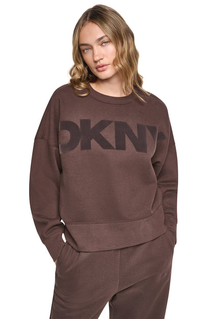 FLOCKED VARSITY LOGO SWEATSHIRT - Espresso/Espresso | DKNY