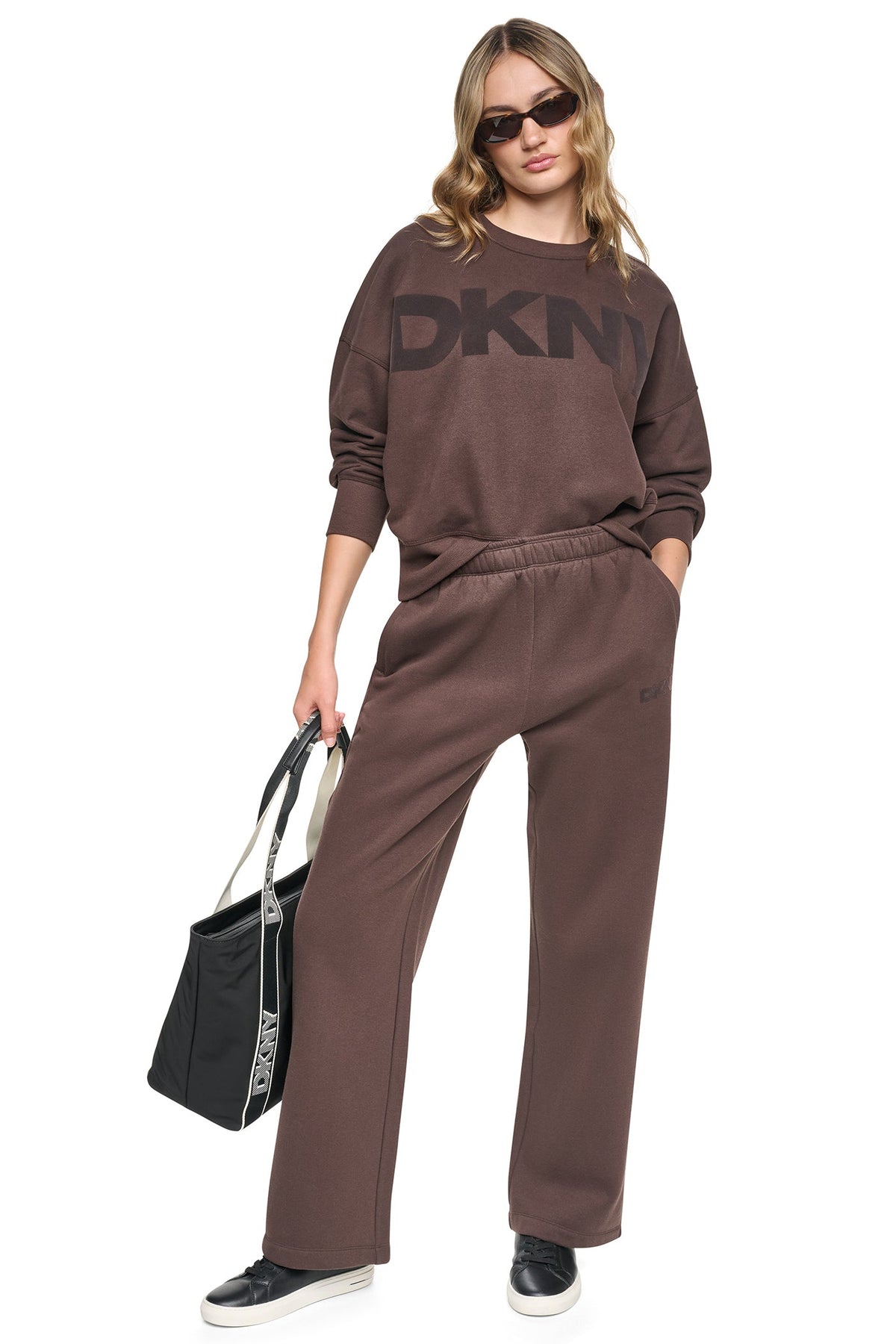 FLOCKED VARSITY LOGO SWEATSHIRT - Espresso/Espresso | DKNY