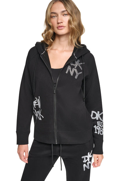 GRAFFITI RHINESTONE FULL-ZIP HOODIE - Black | DKNY