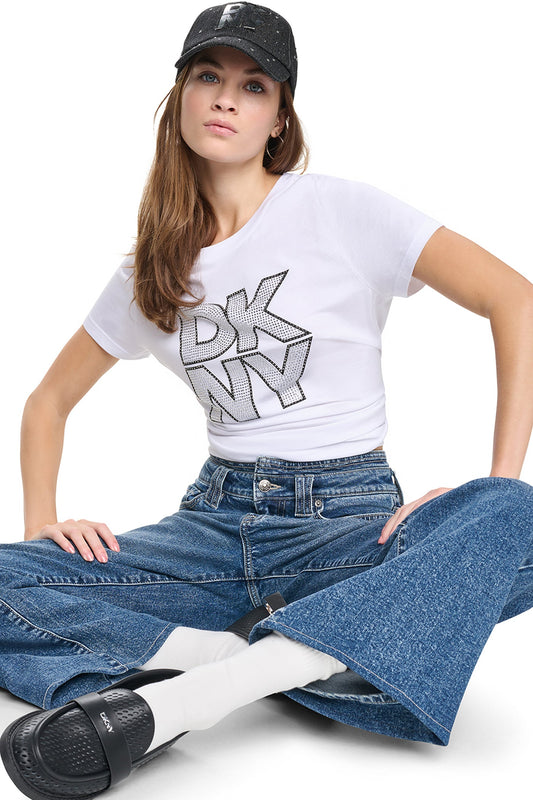 CRYSTAL DISTRESSED LOGO TEE - Chestnut/Black Smoked Top | DKNY