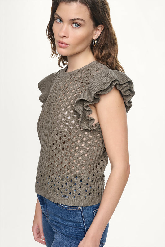 CHENILLE FLUTTER SLEEVE SWEATER - Utility Green | DKNY