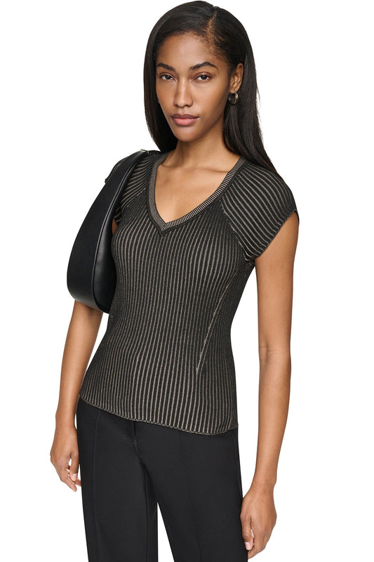 RIB KNIT SWEATER - Travertine/Black | DKNY