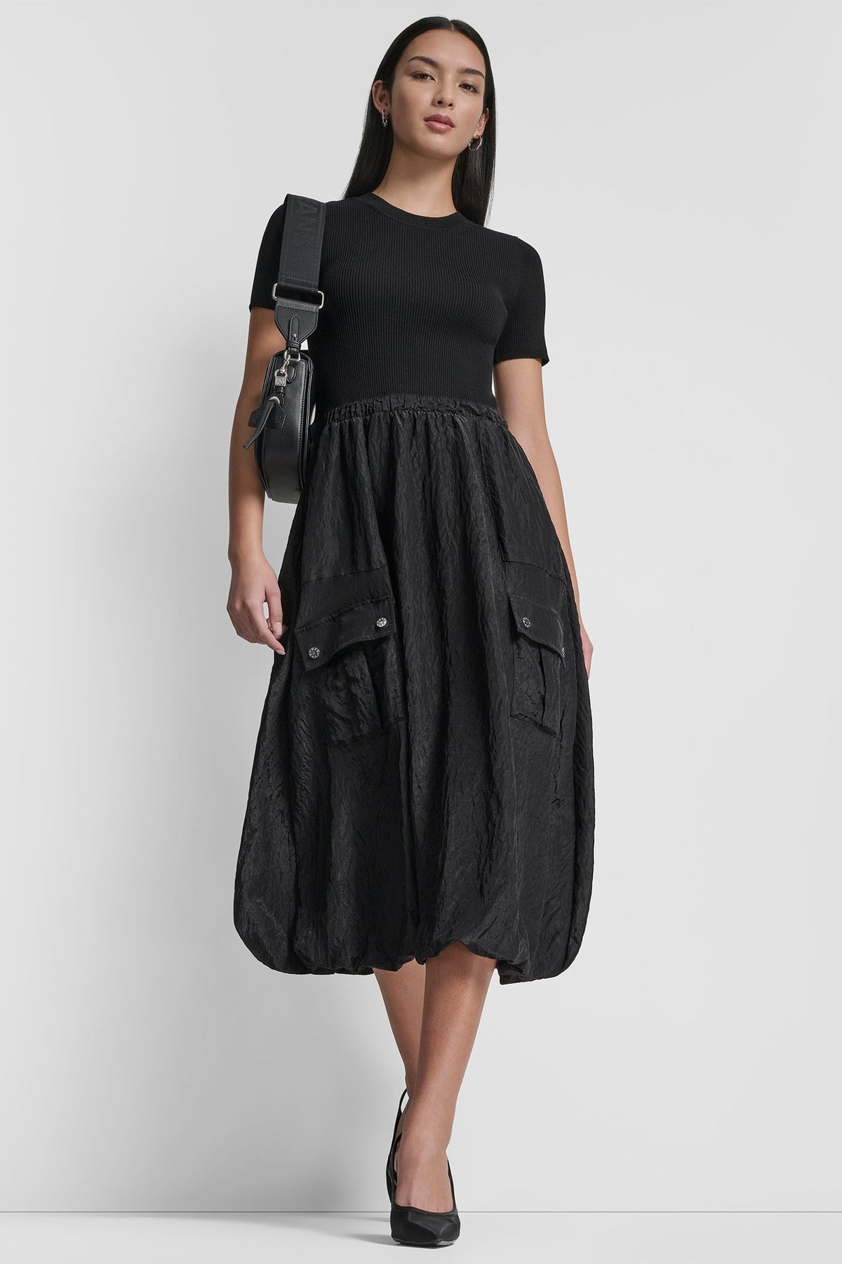 MIXED MEDIA CARGO MIDI BUBBLE DRESS - Black | DKNY