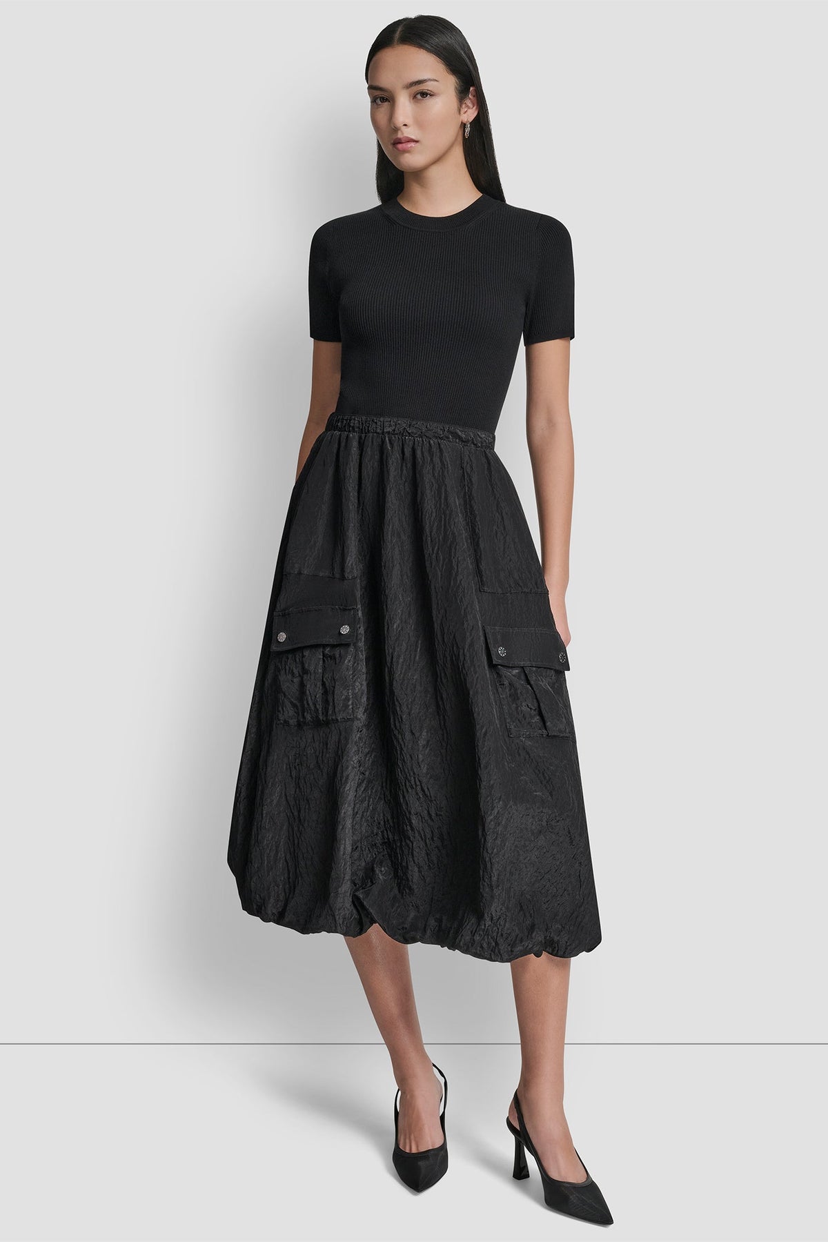 MIXED MEDIA CARGO MIDI BUBBLE DRESS - Black | DKNY