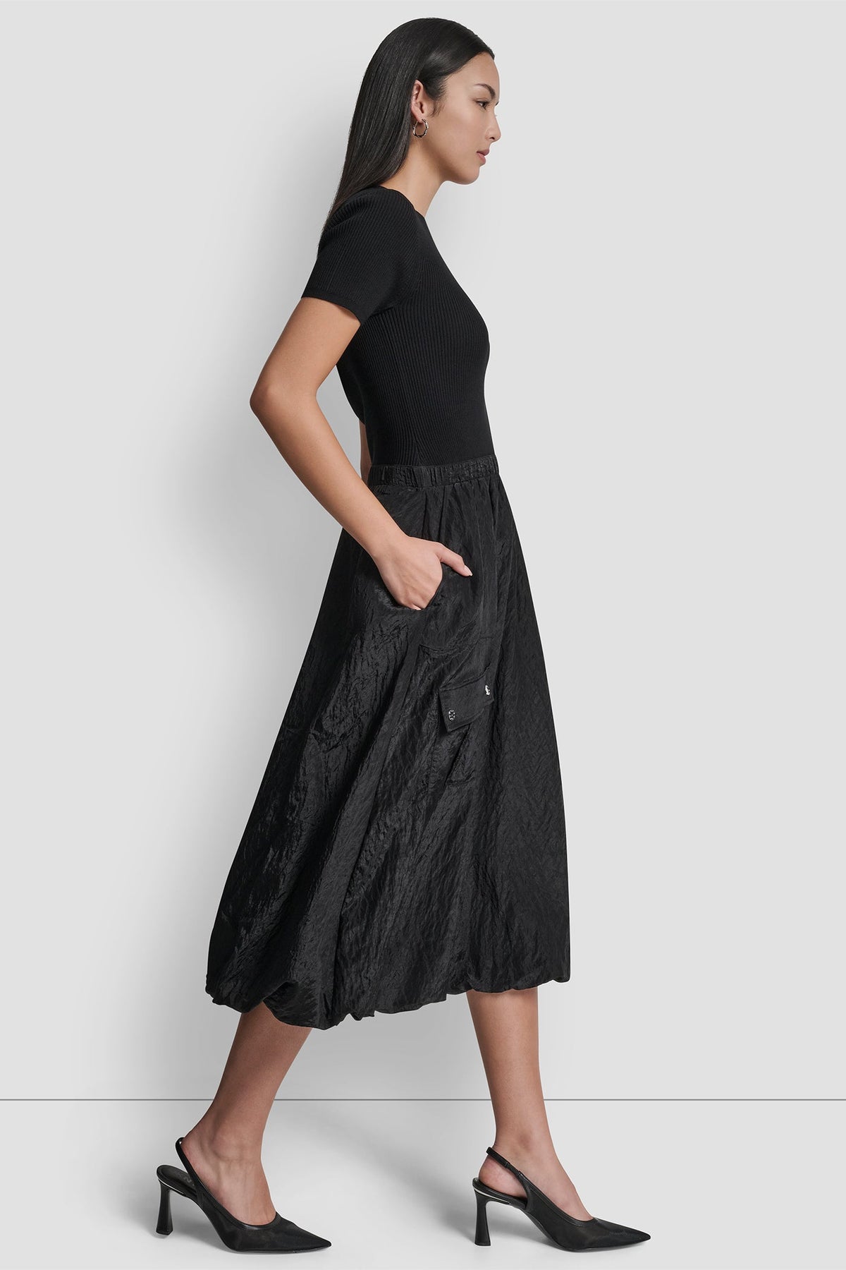 MIXED MEDIA CARGO MIDI BUBBLE DRESS - Black | DKNY