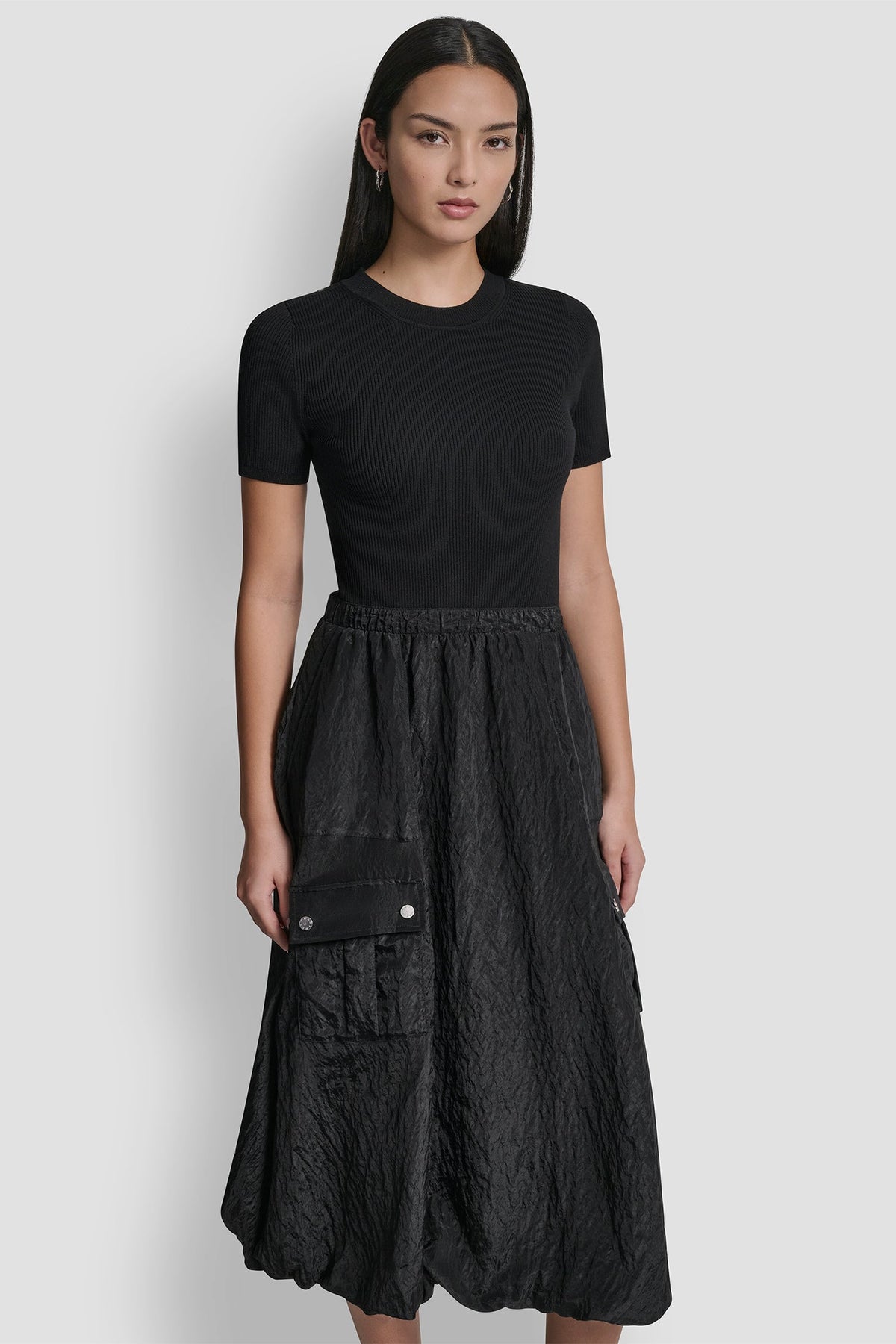 MIXED MEDIA CARGO MIDI BUBBLE DRESS - Black | DKNY