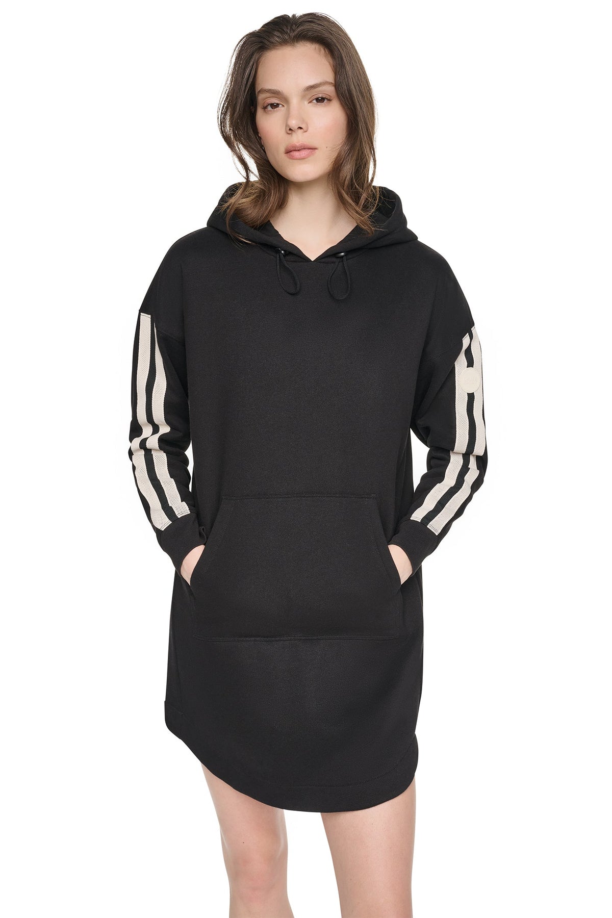 STRIPED MINI HOODIE DRESS - Black | DKNY