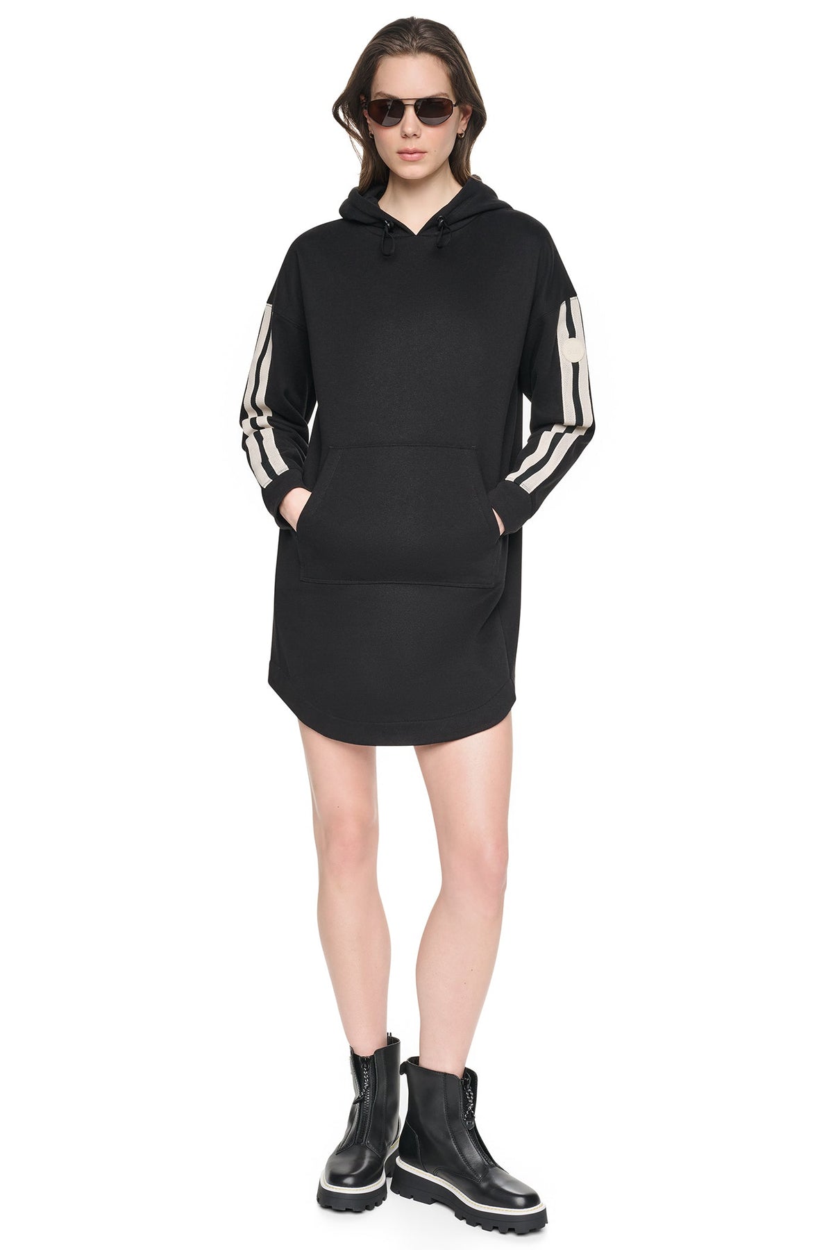 STRIPED MINI HOODIE DRESS - Black | DKNY