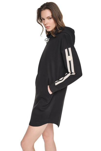 STRIPED MINI HOODIE DRESS - Black | DKNY