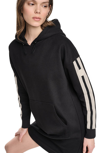 STRIPED MINI HOODIE DRESS - Black | DKNY