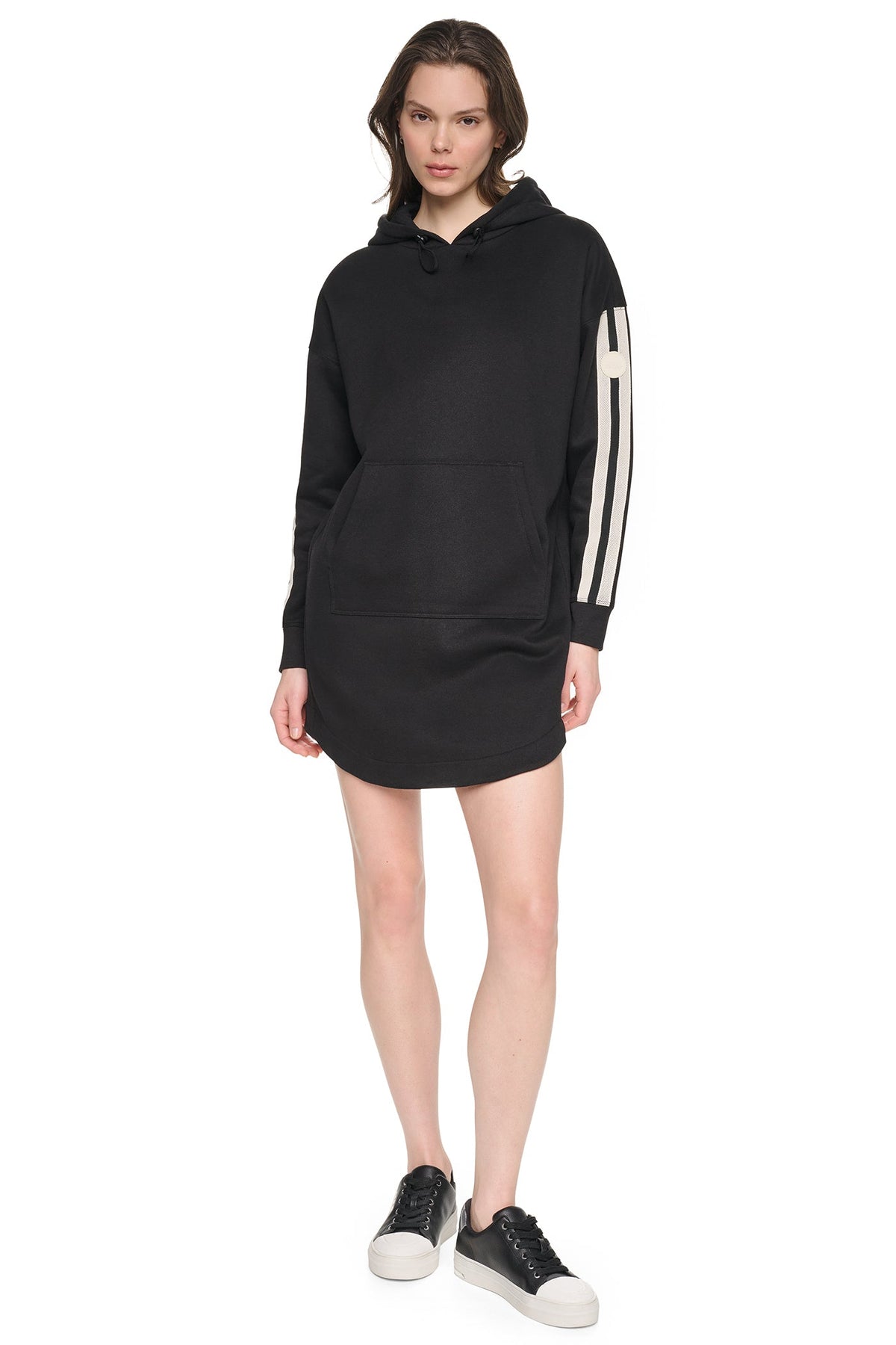 STRIPED MINI HOODIE DRESS - Black | DKNY