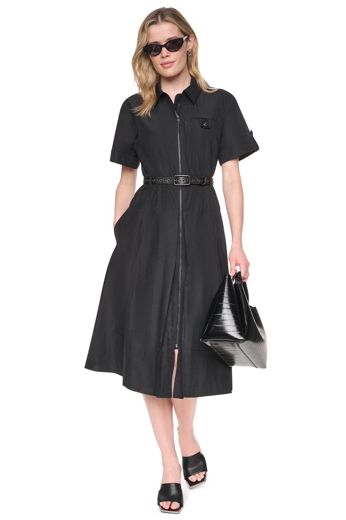 MEMORY TAFFETA ZIP FRONT DRESS - Black | DKNY