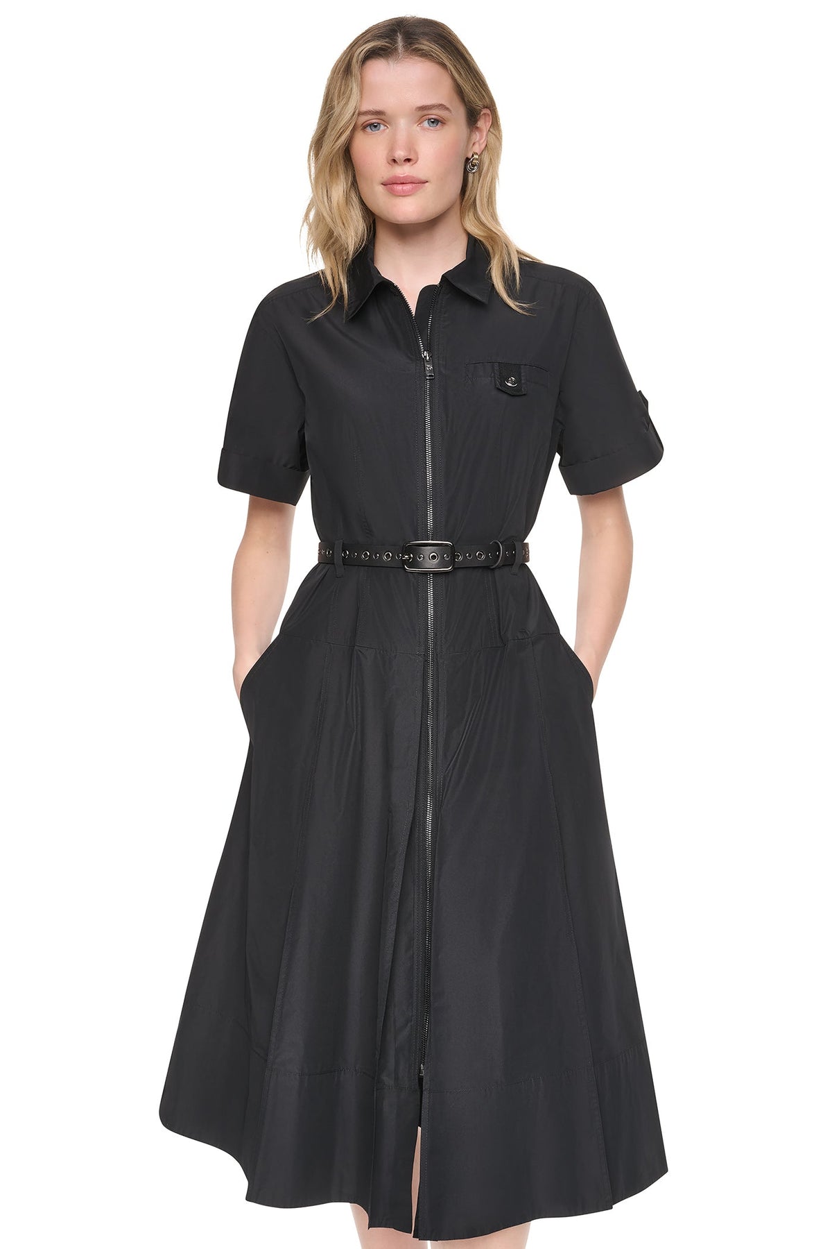 MEMORY TAFFETA ZIP FRONT DRESS - Black | DKNY