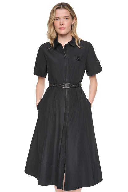 MEMORY TAFFETA ZIP FRONT DRESS - Black | DKNY