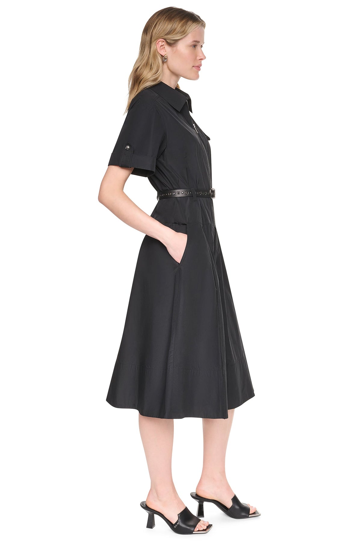 MEMORY TAFFETA ZIP FRONT DRESS - Black | DKNY